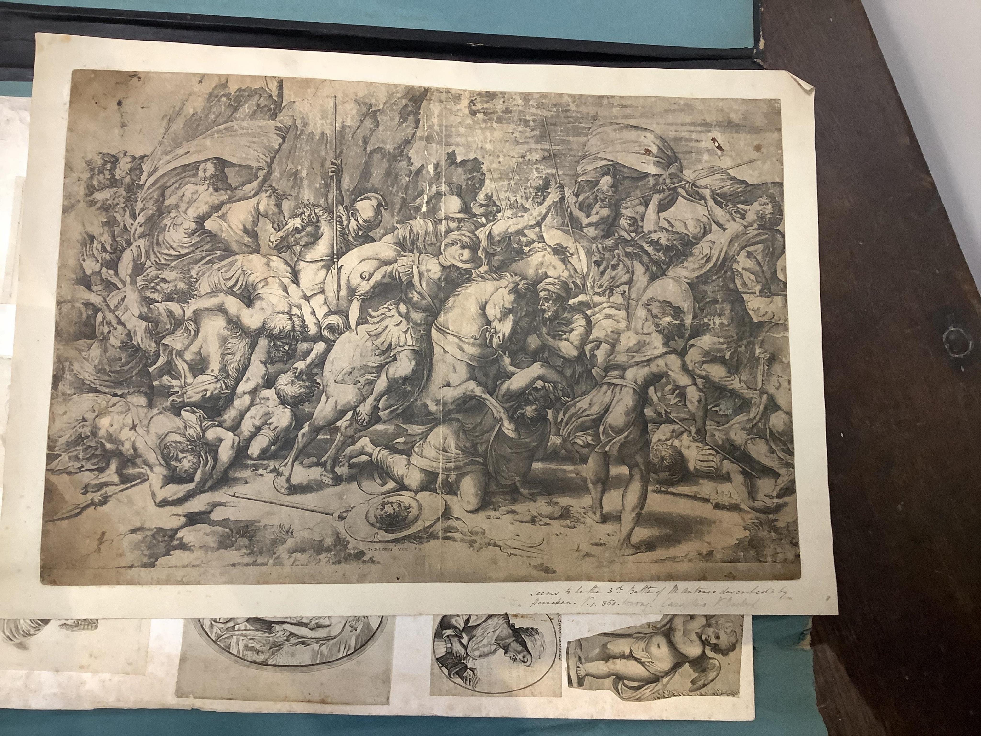 A folio of 16th century and later Old Master prints and engravings to include after Palma Vecchio (Italian, 1479-1528), engraving, 'The rich man in hell tormented by demons, 1595', after Titian (1489/90-1576), 'St Jerome